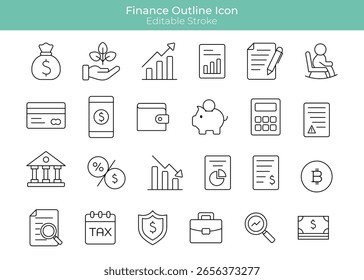 Finanças Editável Stroke Icon Set.Flat e mínimo Dinheiro, Bancário e símbolos de orçamento