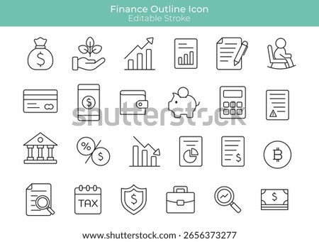 Finance Editable Stroke Icon Set.Flat and Minimal Money, Banking, and Budget Symbols