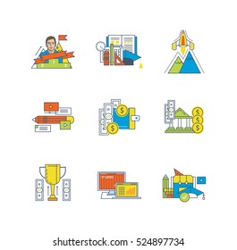 Finance, education, start up, research activities, deposits and savings, leadership, management, statistics icons set over white background. Flat line icons for infographics design elements.