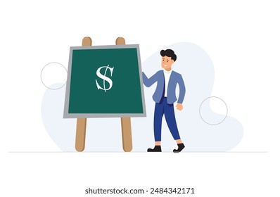 Ilustración vectorial de educación financiera pizarra negra y dinero signo manuscrito   aprendiendo conciencia financiera