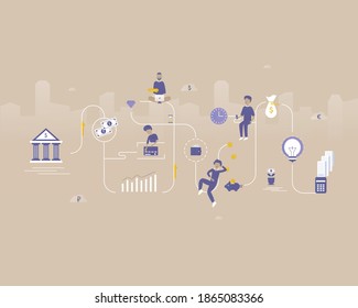  Finance elements. People making money. Vector illustration with Web communication idea for telework, remote working, social media, business, finance, investment and start up
