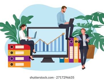 Finanz-Elemente mit Team-Bürobekleidung Bildschirm Business-Grafiken Ordner Raum Anlage moderne Arbeitsfläche