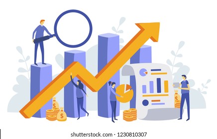 Finance and engineering graph of economics. Marketing and finance concept. Commerce solutions for investments, analysis concept.Economic infographic banner. Flat modern concept with characters vector 