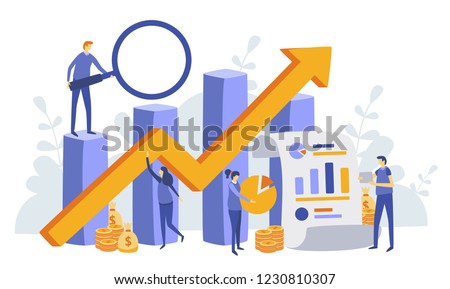 Finance and engineering graph of economics. Marketing and finance concept. Commerce solutions for investments, analysis concept.Economic infographic banner. Flat modern concept with characters vector 