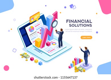 Finance and engineering graph of economics. Statistic and sales manager for financial management concept. Economic infographic banner. Flat isometric concept with characters vector illustration.
