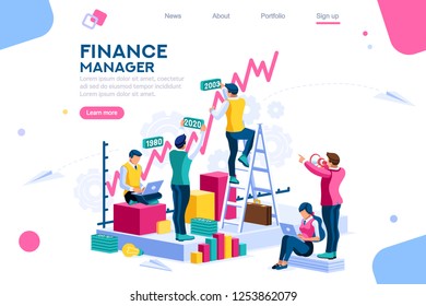 Finance and engineering graph of economics. Statistic and sales manager for financial management concept. Economic infographic banner. Flat isometric concept with characters vector illustration.