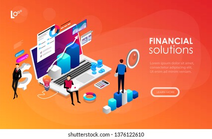 Finance and engineering graph of economics. Statistic and sales manager for financial management concept. Economic infographic banner. Flat isometric concept with characters vector illustration.