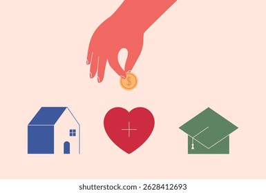 Finance expenses allocation, costs distribution concept. Person planning personal budget, saving money for future. Flat vector illustration with human hand putting coin for diversification.