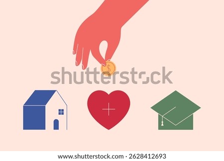 Finance expenses allocation, costs distribution concept. Person planning personal budget, saving money for future. Flat vector illustration with human hand putting coin for diversification.