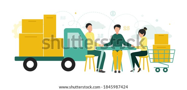 Finance. Factoring.\
People are sitting at the table, to their left is a truck with\
boxes, to the right is a cart with boxes, with gears in the\
background. Vector\
illustration