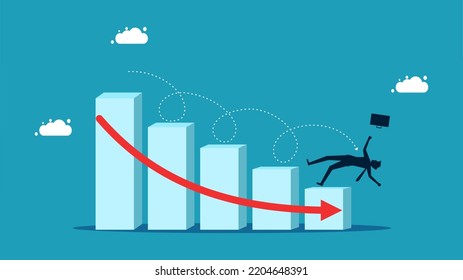Finance failed. Businessman falling from piles of declining money. vector