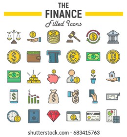 Finance filled outline icon set, business symbols collection, marketing vector sketches, logo illustrations, business signs, colorful line pictograms package isolated on white background, eps 10.