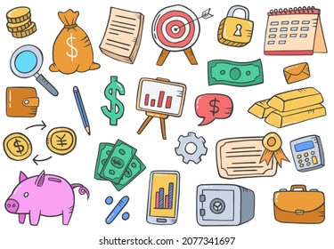 Finance Or Financial Doodle Hand Drawn Set Collections With Flat Outline Style