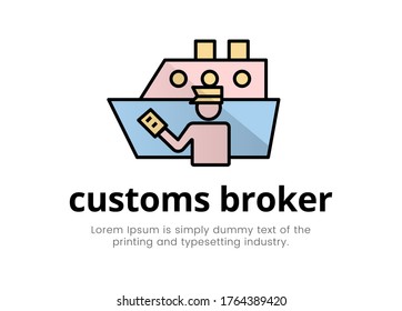 Finance. Financial Services. Illustration Of A Silhouette Logo Of A Man In The Form Of A Customs Broker With A Document In Hand Near A Cargo Ship