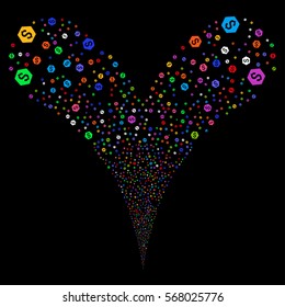 Finance fireworks stream. Vector illustration style is flat bright multicolored iconic symbols on a black background. Object double fountain done from random design elements.