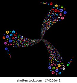 Finance fireworks swirl rotation. Vector illustration style is flat bright multicolored iconic symbols on a black background. Object whirlpool constructed from random design elements.