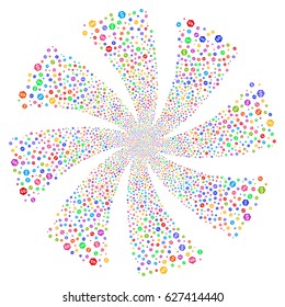 Finance fireworks swirl rotation. Vector illustration style is flat bright multicolored iconic symbols on a white background. Object whirlpool combined from random symbols.