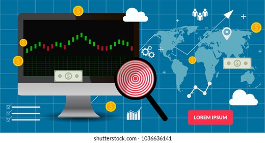 Finance flat banner laptop magnifying glass with darts board blue design background eps 10