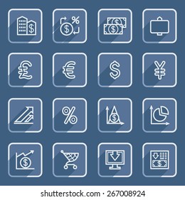 Finance flat contour icons with blue buttons.