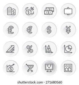 Finance flat contour icons on gray buttons.