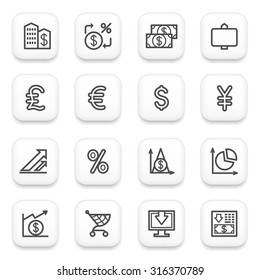 Finance flat contour icons on white buttons.