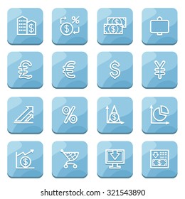 Finance flat contour icons on blue buttons.