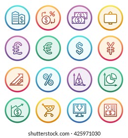 Finance flat contour icons on color stickers.