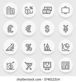 Finance flat contour icons with white buttons on gray background.