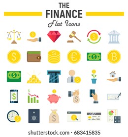 Finance flat icon set, business symbols collection, marketing vector sketches, logo illustrations, business signs. colorful solid pictograms package isolated on white background, eps 10.