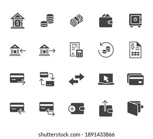 Finance Flat Icon Set. Money Transfer, Bank Account, Credit Card Payment Cash Back Black Minimal Silhouette Vector Illustration. Simple Glyph Sign For Online Banking Application.