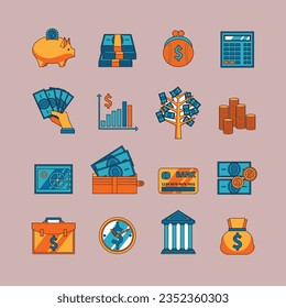 conjunto de iconos planos de finanzas sobre fondo rosa