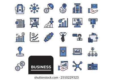 Coleção de Ícones Simples Financeiros - Conjunto de ícones da Web Bi-color Estilo Plano Azul. Conjunto completo de ilustrações vetoriais empresariais