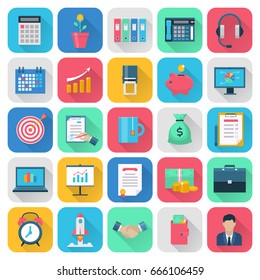 Finance flat icons set. Modern icons for internet marketing, business and finance, sales and e-commerce. Interface elements in flat design with long shadows. Vector illustration