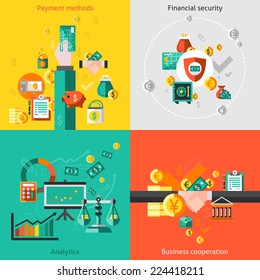 Finance Flat Icons Set With Payment Methods Financial Security Analytic Business Cooperation Isolated Vector Illustration