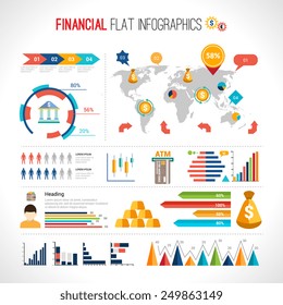 Finance flat infographic set with financial currency exchange business elements with world map vector illustration