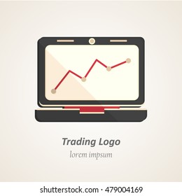 Finance flat logo. Growing graph vector icon on the laptop monitor. Stock-market illustration