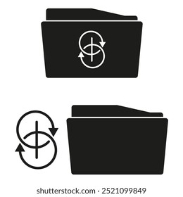 Icono de carpeta de finanzas. Símbolo de cambio de moneda. Gráfico de carpeta de archivo negro. Concepto de transacción de dinero.