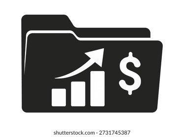 Icono de carpeta financiera que representa el crecimiento y las ganancias con flecha hacia arriba y signo de dólar.