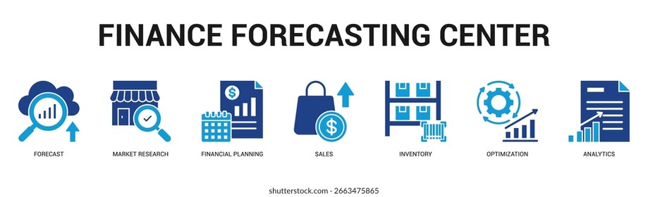 Centro de Previsão de Finanças Ilustração de banner web moderna e limpa com ícones temáticos para comunicação visual