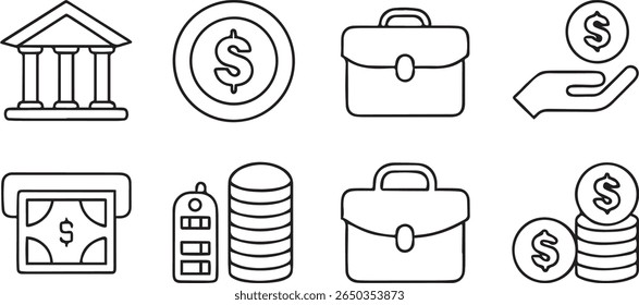 Finance and Fund Management Icons, money, coin, bank, savings, investment, editable black stroke icon set