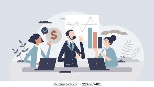 Finance fundamentals with business profit analysis tiny person concept. Company financial data calculation with statistics graph and diagram vector illustration. Investment potential money earnings.