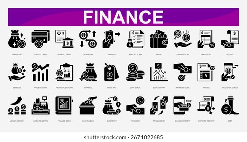 Finanz-Symbol-Set. Vektorgrafik. Geldbeutel, Kreditkarte, Bankkonto, Cashflow, Zahlung, Budgetplan, Geldbörse, Sparziel, Steuerbericht, Rechnungszahlung.Vektorgrafik