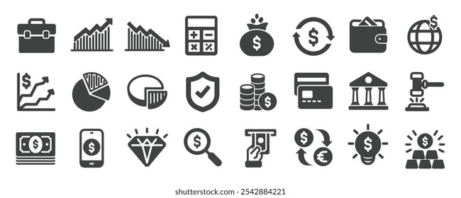 Finance glyph solid icons collection. Containing accounting, bank, payment, economy etc icons. For website marketing design, logo, app, template, ui, etc. Vector illustration.