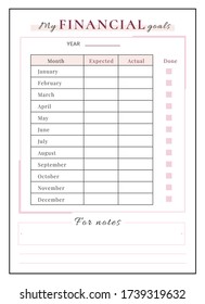 Finance goals minimalist planner page design. Yearly resolution for money management. Monthly budget planning bullet journal printable sheet. Personal organizer. Notebook vector template