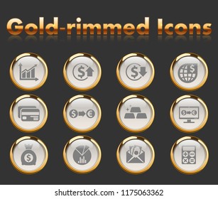 finance gold-rimmed vector icons with black background