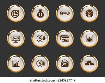 finance gold-rimmed vector icons on dark background. finance icons in gold frame for web, mobile and ui design