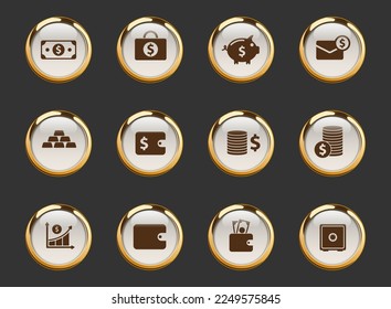 finance gold-rimmed vector icons on dark background. finance icons in gold frame for web, mobile and ui design