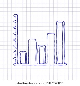 Finance grapgic, grow. Hand drawn picture on paper sheet. Blue ink, outline sketch style. Doodle on checkered background