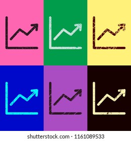 Finance grapgic, grow. Pop art style. Scratched icons on 6 colour backgrounds. Seamless pattern