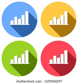 Finance grapgic, grow. Set of white icons with long shadow on blue, orange, green and red colored circles. Sticker style